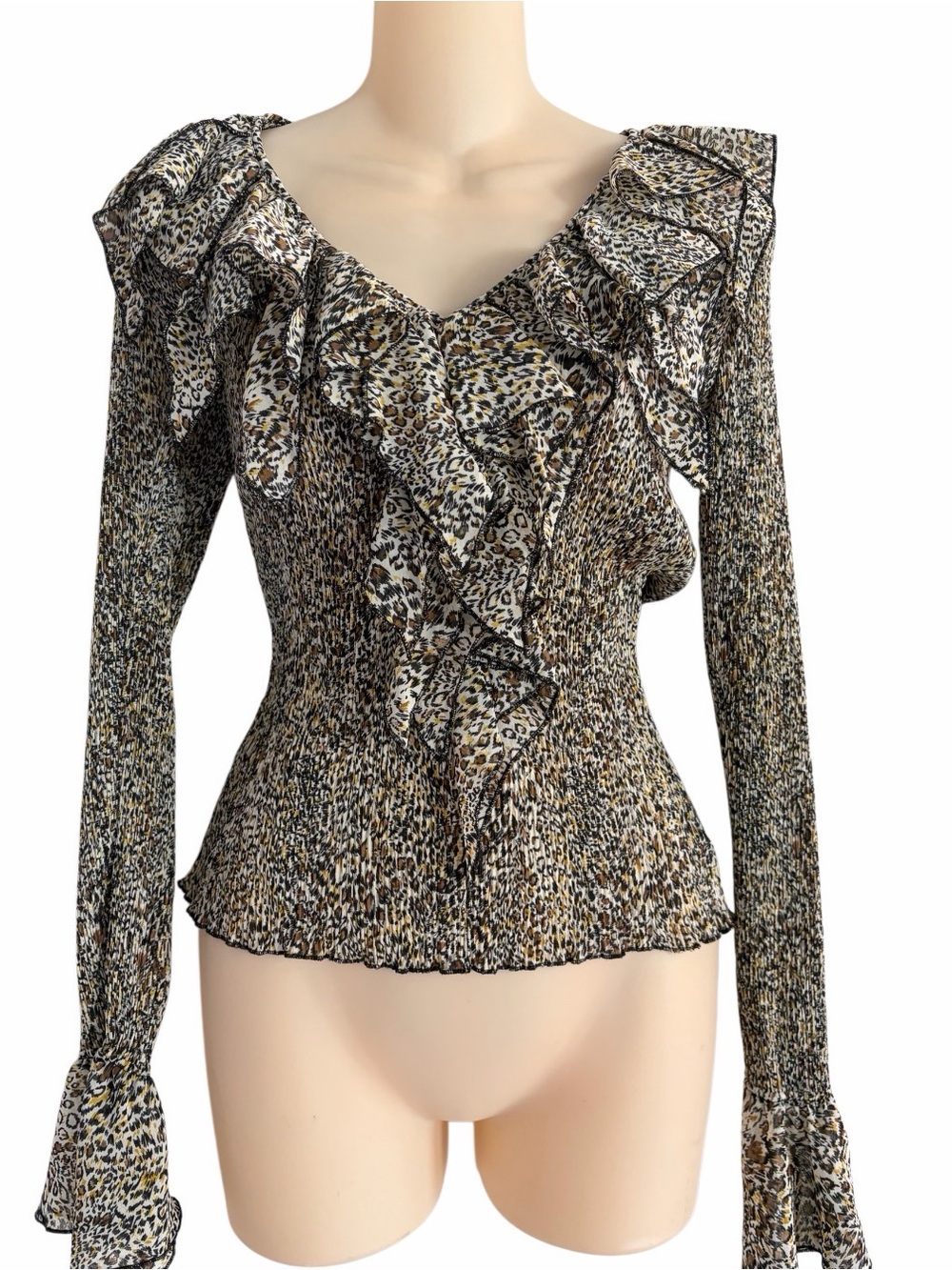 Vtg Andrea Rosati Animal Print Ruffle Front Blouse Top Size Medium Smocked